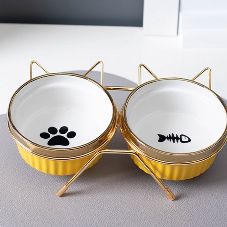 Ulmpp Cat Ceramic Bowl Pet Feede with Metal Stand Elevated Kitten Puppy Food Feeding Raised Dish Safe Non-Toxic Dog Supplies