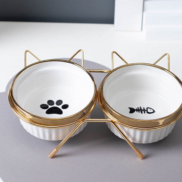 Ulmpp Cat Ceramic Bowl Pet Feede with Metal Stand Elevated Kitten Puppy Food Feeding Raised Dish Safe Non-Toxic Dog Supplies