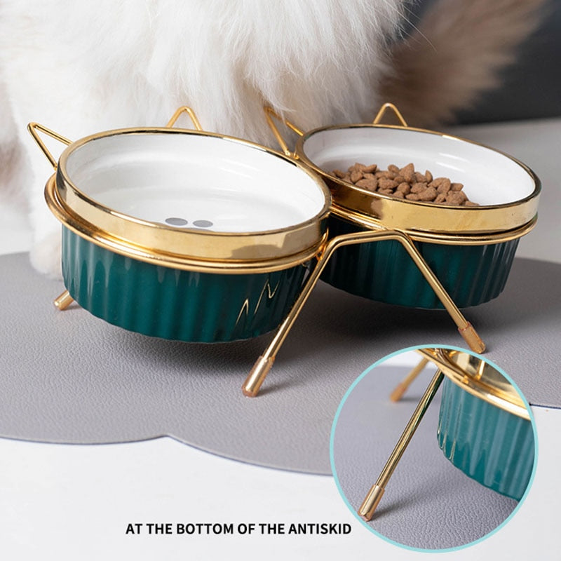 Ulmpp Cat Ceramic Bowl Pet Feede with Metal Stand Elevated Kitten Puppy Food Feeding Raised Dish Safe Non-Toxic Dog Supplies