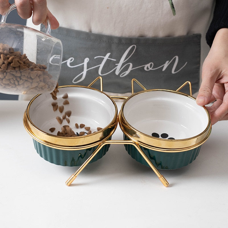 Ulmpp Cat Ceramic Bowl Pet Feede with Metal Stand Elevated Kitten Puppy Food Feeding Raised Dish Safe Non-Toxic Dog Supplies