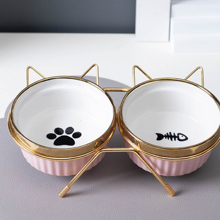Ulmpp Cat Ceramic Bowl Pet Feede with Metal Stand Elevated Kitten Puppy Food Feeding Raised Dish Safe Non-Toxic Dog Supplies