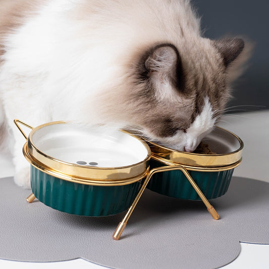 Ulmpp Cat Ceramic Bowl Pet Feede with Metal Stand Elevated Kitten Puppy Food Feeding Raised Dish Safe Non-Toxic Dog Supplies